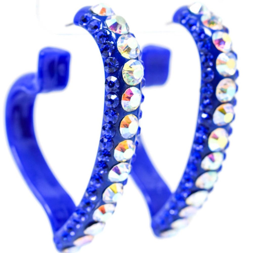 2.75" Royal Lucite Heart Rhinestone Hoop Earrings